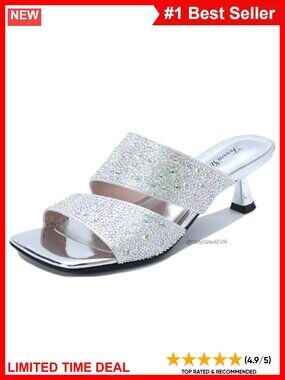 Rhinestone Kitten Heel Square Open Toe Double Strap Slide Sandals Party Wear